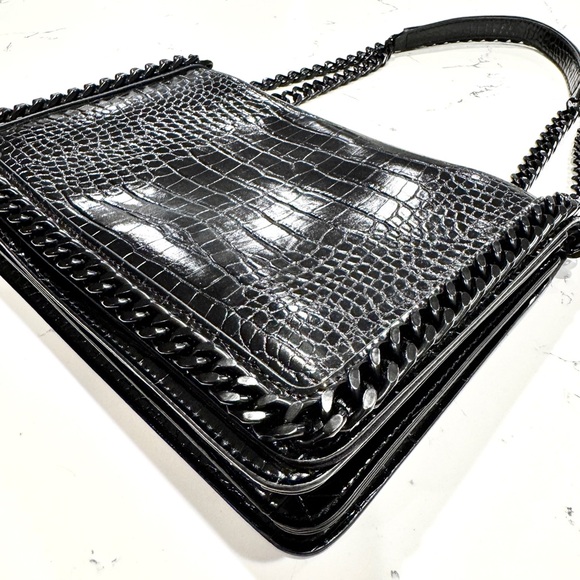 Aldo Black Crocodile Embossed Black Metal Chain Crossbody Bag and Handbag NWOT - Picture 8 of 12